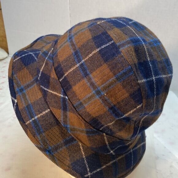 Vintage Pendleton Plaid Wool Bucket Hat 7 1/4 Blue & Brown Checkered Design - Picture 4 of 6